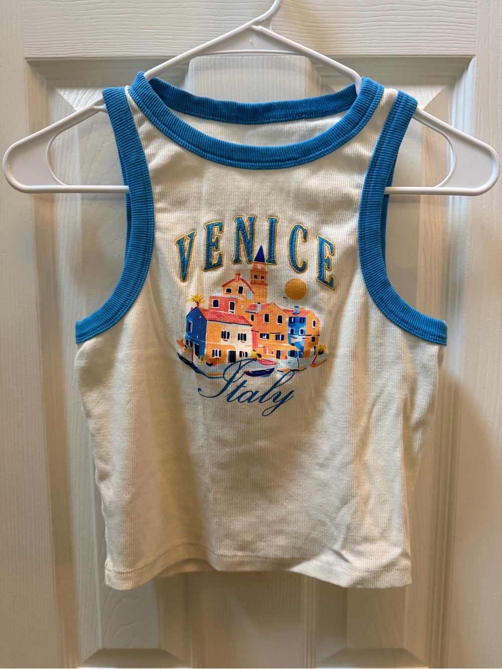 Mighty Fine White Tank Top with Blue Trim and Venice Italy Graphic size L